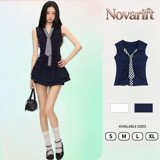 Nova-Set Đồ Nữ Hai Món Mùa Hè Phong Cách Học Đường Cá Tính Áo Sơ Mi Kẻ Sọc Cổ Cà Vạt Phối Viền Nhún
