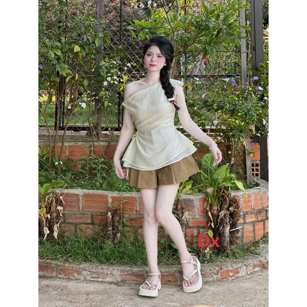 Set áo tơ lệch vai phối quần váy cotton Hàn nữ dáng xòe nhẹ phong cách nàng thơ mặc đi chơi cực xinh