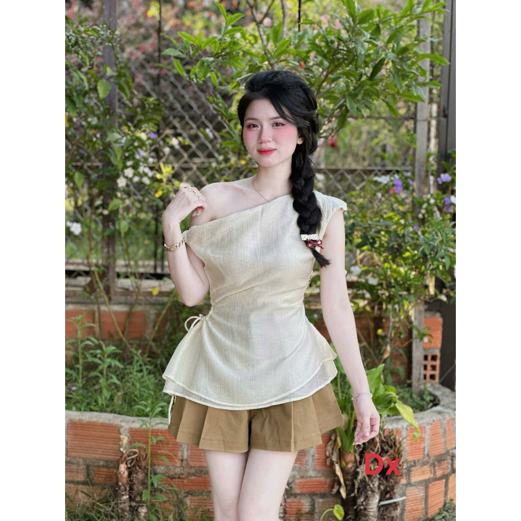 Set áo tơ lệch vai phối quần váy cotton Hàn nữ dáng xòe nhẹ phong cách nàng thơ mặc đi chơi cực xinh