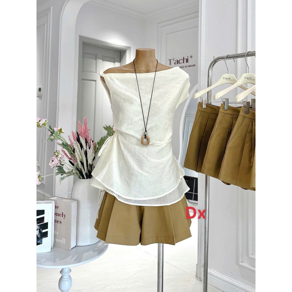 Set áo tơ lệch vai phối quần váy cotton Hàn nữ dáng xòe nhẹ phong cách nàng thơ mặc đi chơi cực xinh