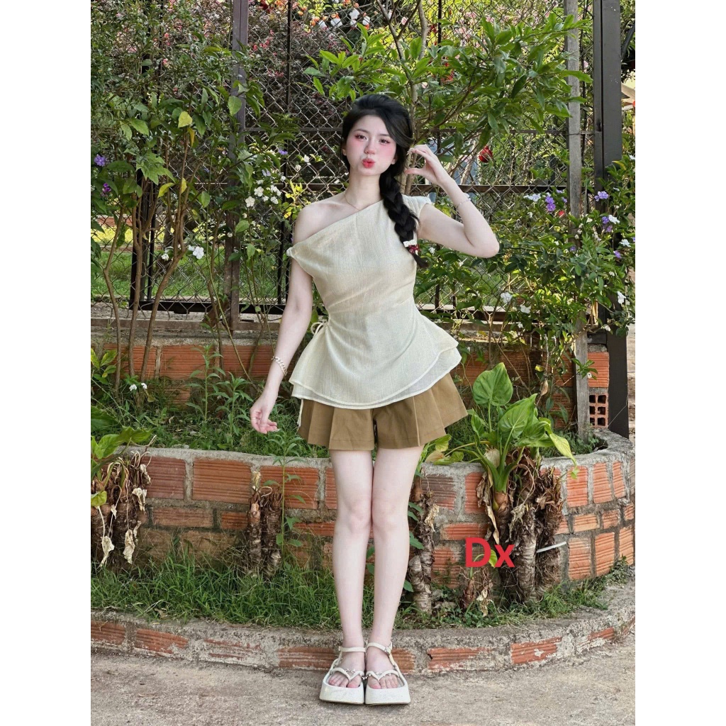 Set áo tơ lệch vai phối quần váy cotton Hàn nữ dáng xòe nhẹ phong cách nàng thơ mặc đi chơi cực xinh
