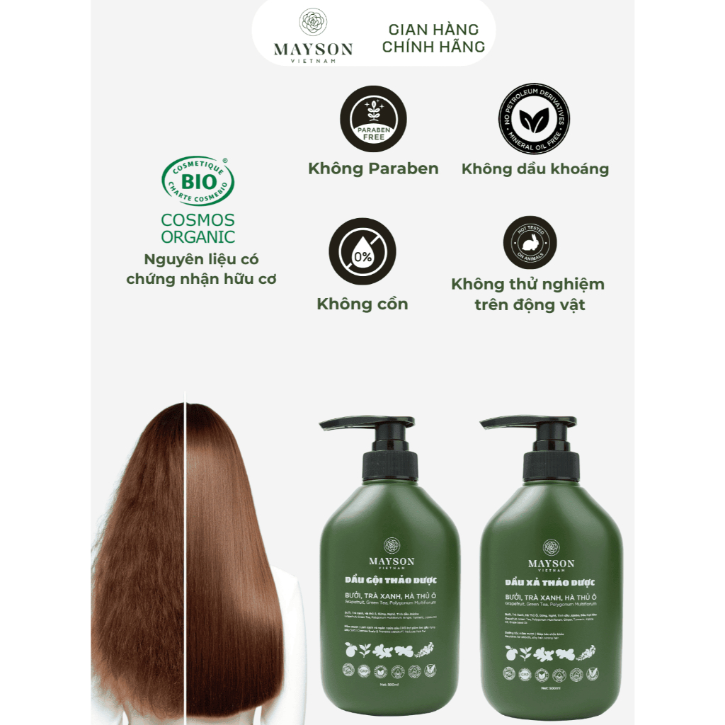 Combo Dầu Gội Xả Thảo Dược Bưởi - Hà thủ ô - Trà xanh - Gừng - Nghệ MaySon