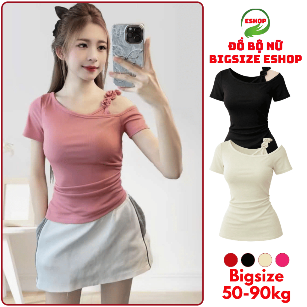Áo Thun Nữ Cổ Tròn Thiết Kế Dây Hoa Chất Thun Gân Tăm Lạnh Co Giãn Bigsize 40-85kg ESHOP MS572