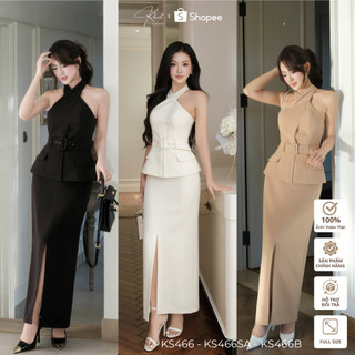 Set áo cổ yếm phối chân váy dài tone đen phong cách hiện đại KS466 KS466A KS466B