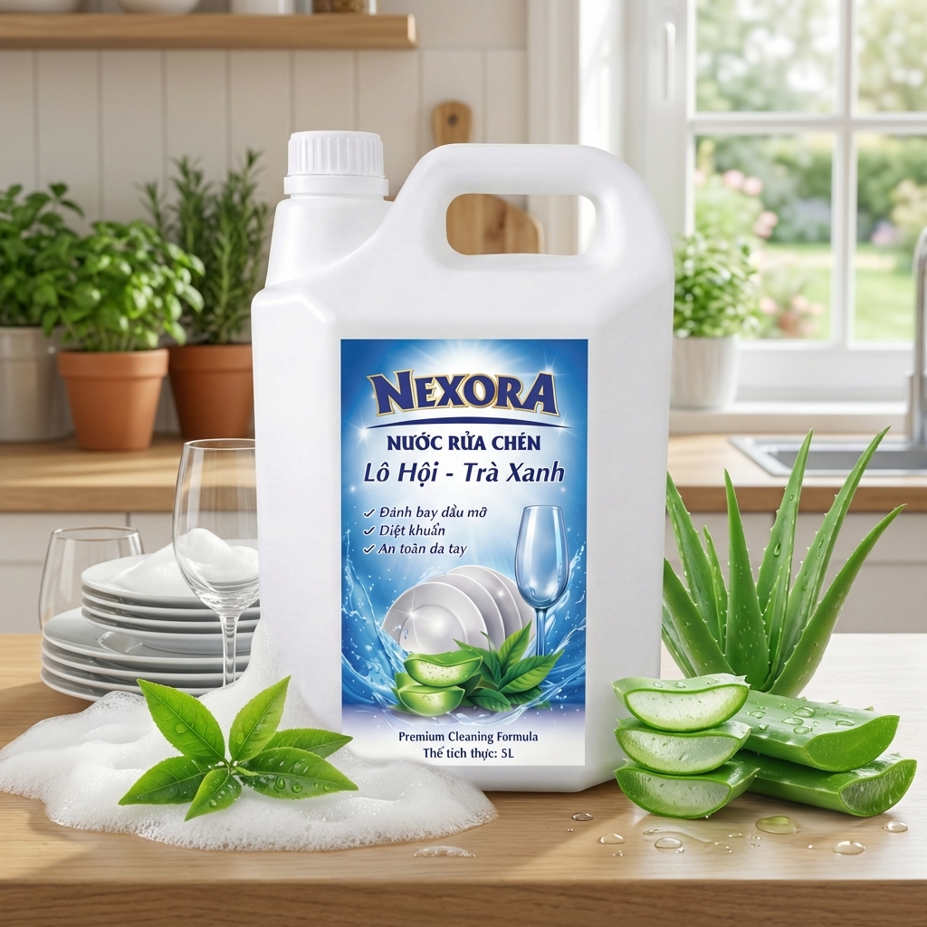 Nước Rửa Chén Đậm Đặc Hương Trà Xanh – Lô Hội 5L – Sạch Dầu Mỡ, Khử Mùi Tanh, Dịu Nhẹ Da Tay, Tiết Kiệm Can Lớn