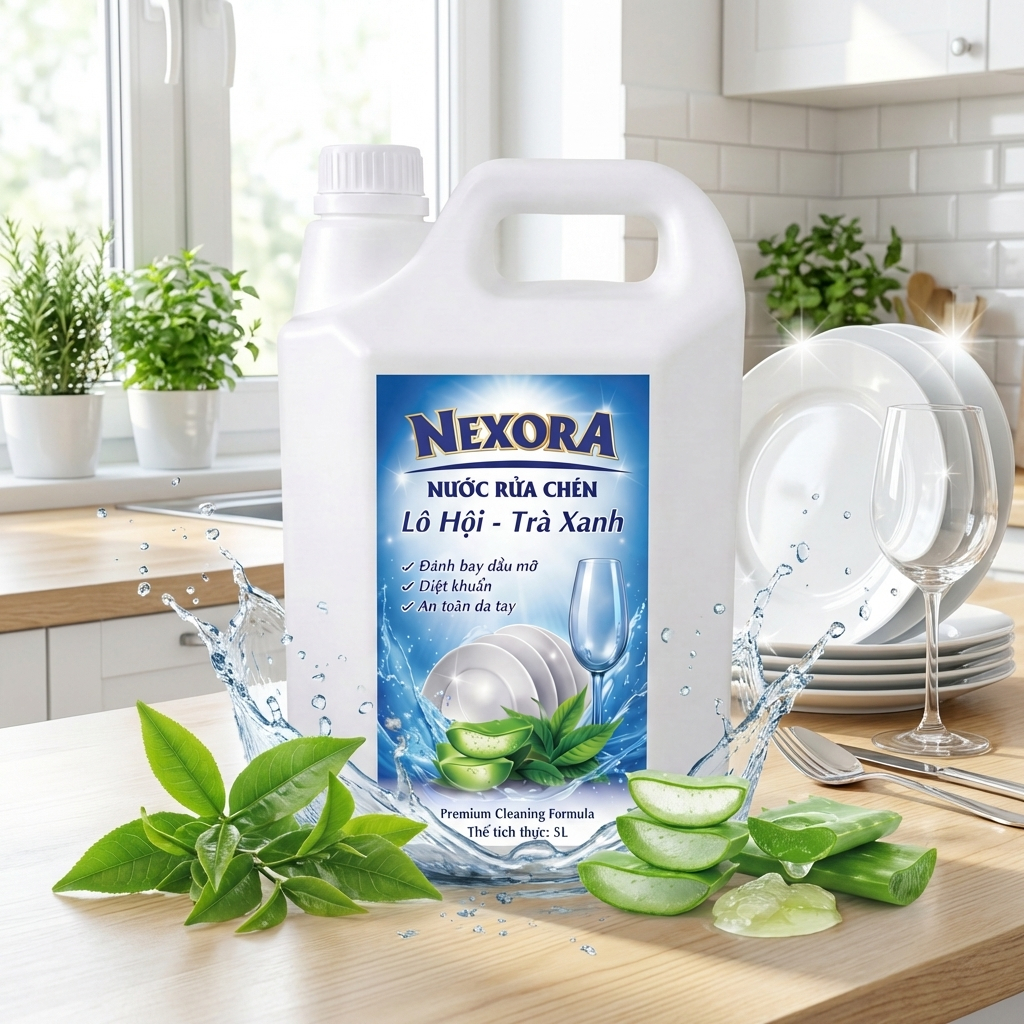 Nước Rửa Chén Đậm Đặc Hương Trà Xanh – Lô Hội 5L – Sạch Dầu Mỡ, Khử Mùi Tanh, Dịu Nhẹ Da Tay, Tiết Kiệm Can Lớn