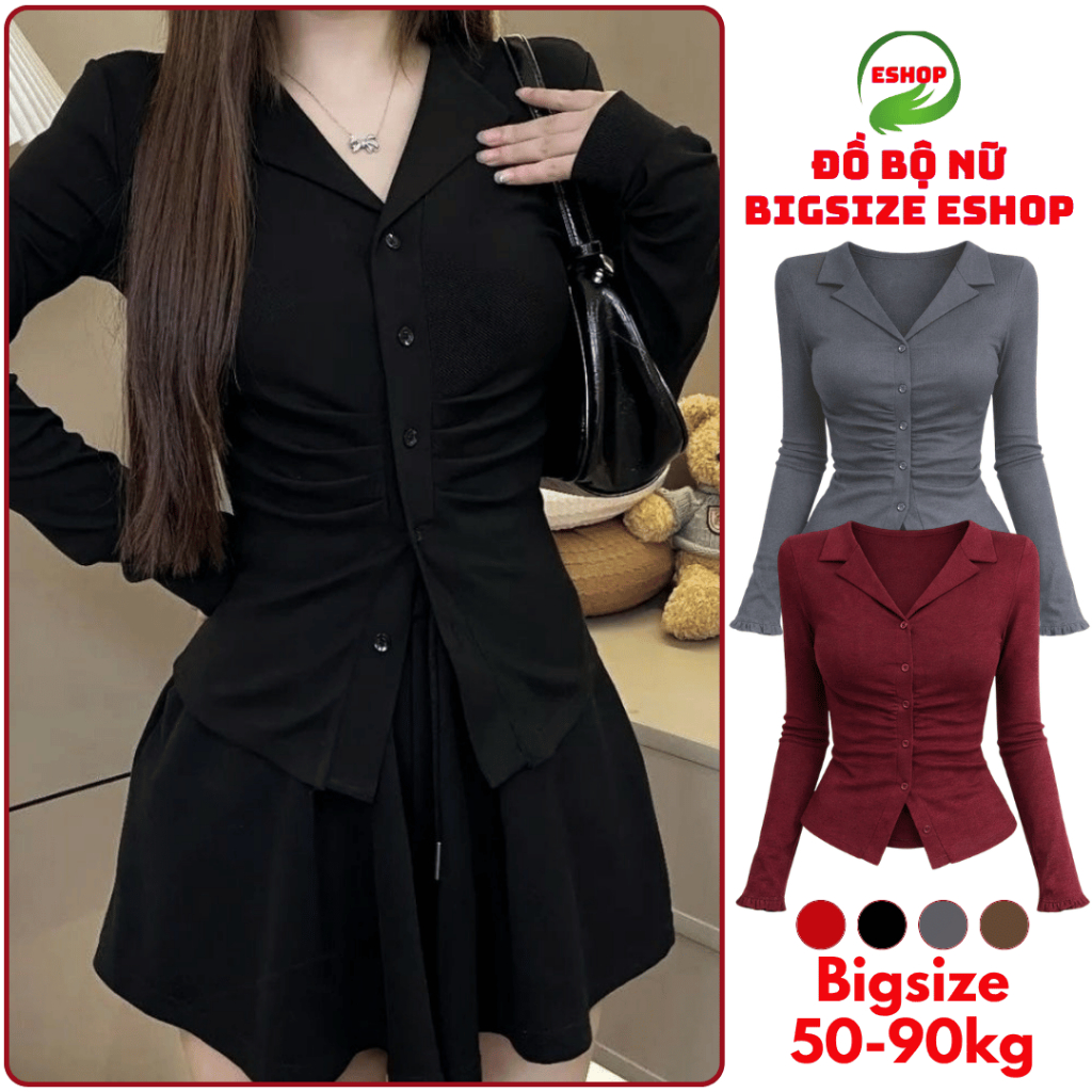 Áo Thun Nữ Tay Dài Cổ Bẻ Bigsize ESHOP Áo Thun Thiết Kế Cài Nút Thun Gân Tăm Co Giãn Thoải Mái MS535