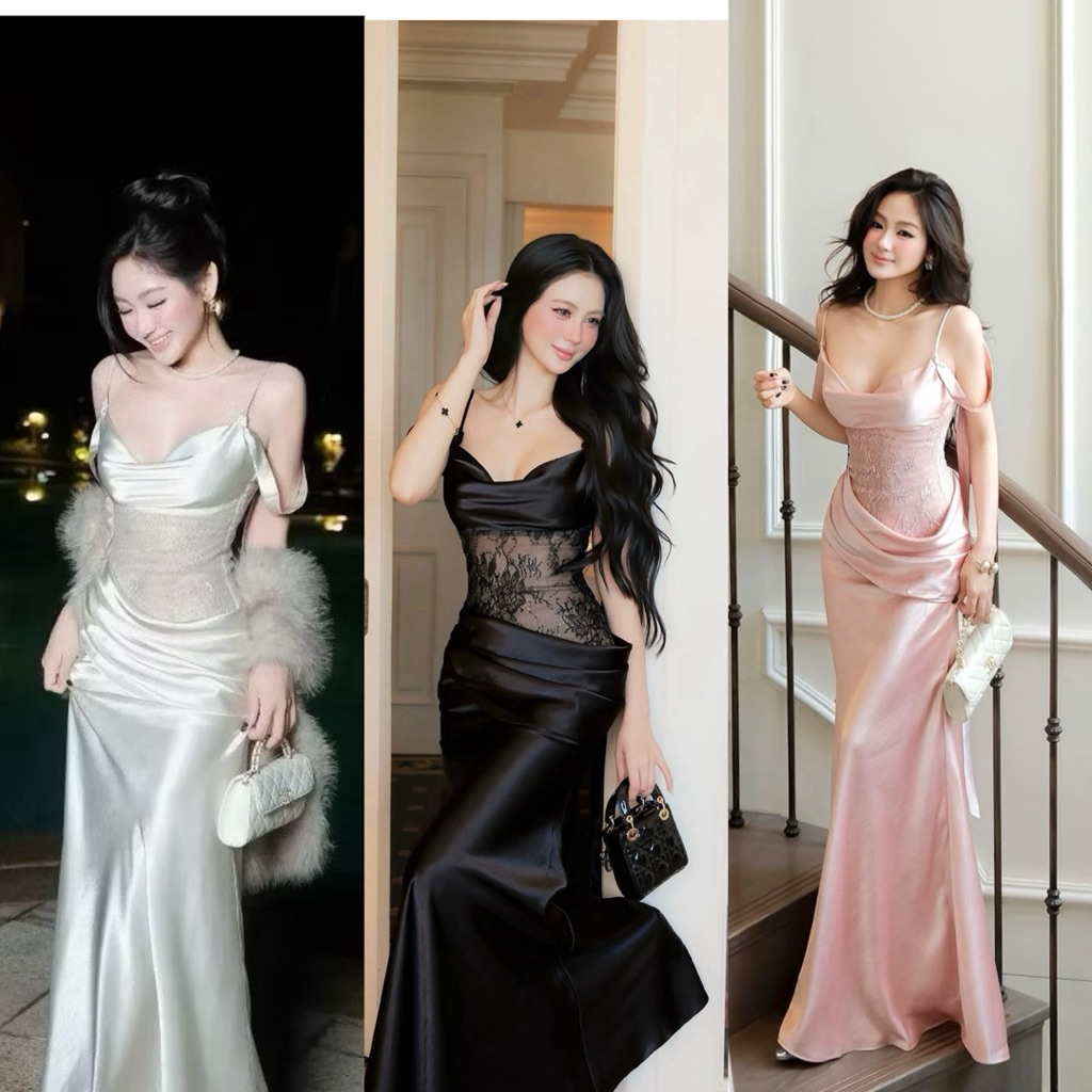 Đầm maxi 2 dây ren phối lụa đui cá sang trọng