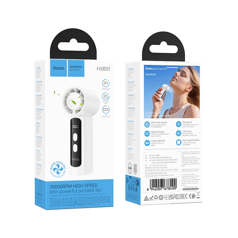Quạt Cầm Tay Mini Hoco HX601 Pin Khủng Siêu Bền - Quạt Sạc Điện Gió Mạnh  Chạy Êm Giảm Ồn Nhỏ Gọn Đi Học Đi Làm Văn Phòng