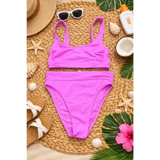 Bikini 2 mảnh nữ, bộ đồ bơi đi biển kín đáo áo sẵn đệm ngực khuy cài sau kèm quần tam giác cạp cao