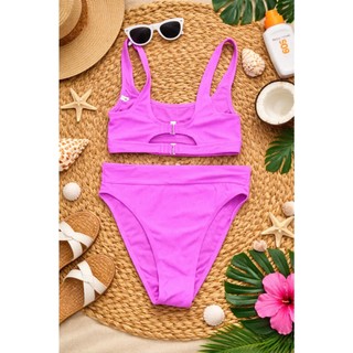 Bikini 2 mảnh nữ, bộ đồ bơi đi biển kín đáo áo sẵn đệm ngực khuy cài sau kèm quần tam giác cạp cao