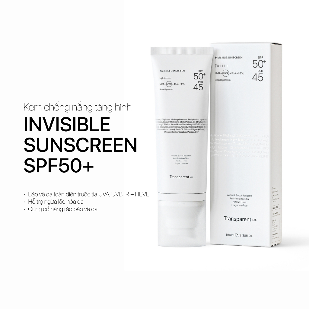 [HOT] Kem chống nắng tàng hình siêu nhẹ TRANSPARENT INVISIBLE SUNSCREEN SPF50+ 100ml bảo vệ da 4 tầng - Skin Studio