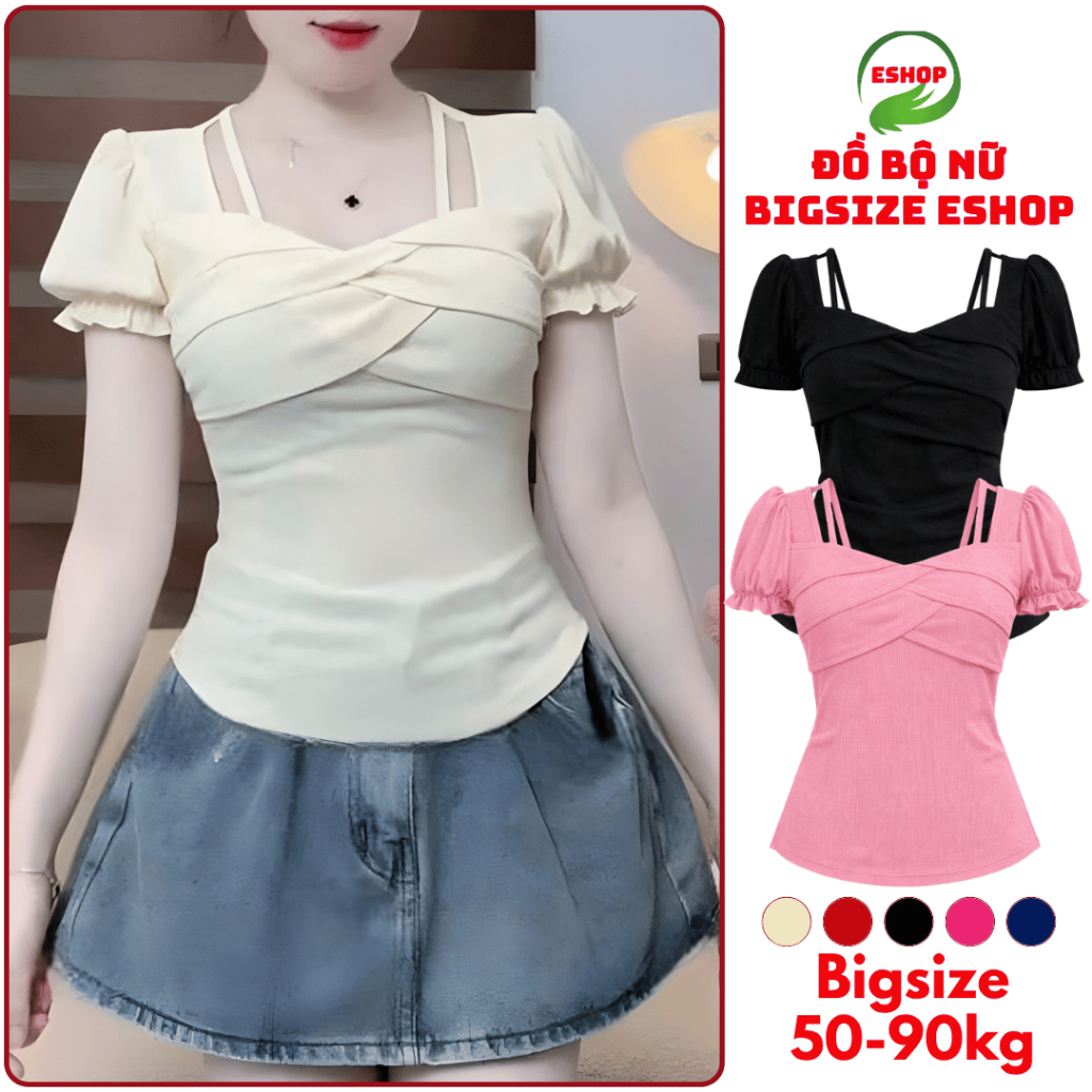 Áo Thun Tay Ngắn Bigsize Ôm Body ESHOP MS482 Thiết Kế Cổ Vuông Phối Dây Sang Chảnh Tôn Dáng 45-85kg