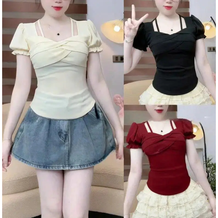 Áo Thun Tay Ngắn Bigsize Ôm Body ESHOP MS482 Thiết Kế Cổ Vuông Phối Dây Sang Chảnh Tôn Dáng 45-85kg