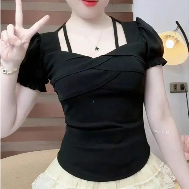Áo Thun Tay Ngắn Bigsize Ôm Body ESHOP MS482 Thiết Kế Cổ Vuông Phối Dây Sang Chảnh Tôn Dáng 45-85kg