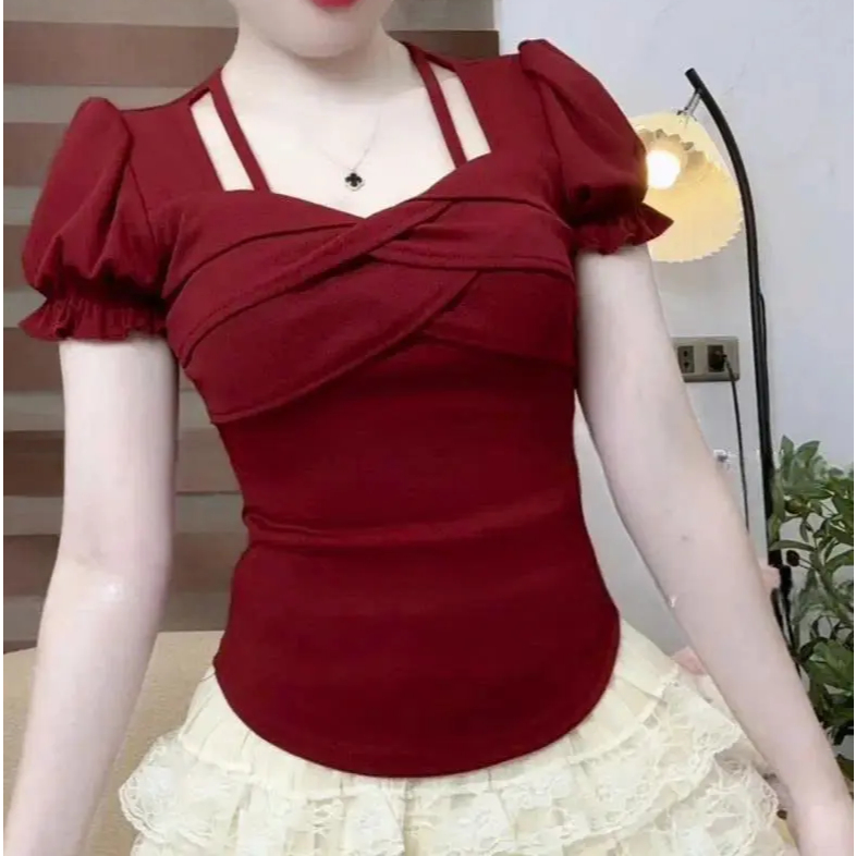 Áo Thun Tay Ngắn Bigsize Ôm Body ESHOP MS482 Thiết Kế Cổ Vuông Phối Dây Sang Chảnh Tôn Dáng 45-85kg