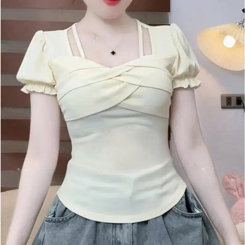 Áo Thun Tay Ngắn Bigsize Ôm Body ESHOP MS482 Thiết Kế Cổ Vuông Phối Dây Sang Chảnh Tôn Dáng 45-85kg