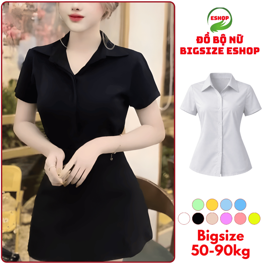 Áo Sơ Mi Nữ Công Sở Bigsize ESHOP - Áo Sơ Mi Tay Ngắn Chất Lụa Cổ Polo MS4020 Dấu Khuy Cúc