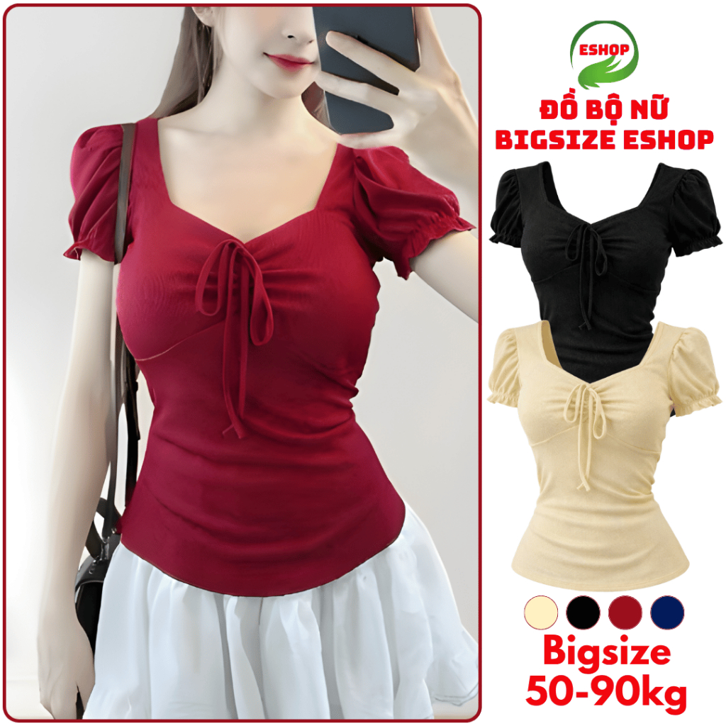 Áo Thun Nữ Tay Ngắn Chất Thun Tăm Mềm Mịn Co Giãn Dây Rút ESHOP Áo Kiểu Xinh Bigsize Cổ Tim MS549