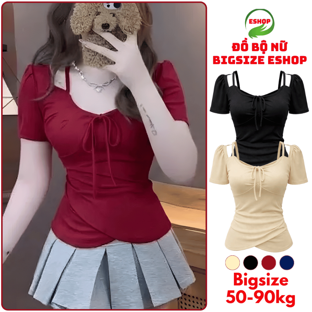 Áo Thun Nữ Bigsize Tay Ngắn Cổ Yếm Xoắn Eo Big size 45-85kg ESHOP Áo Thun Gân Đẹp Dễ Thương MS472