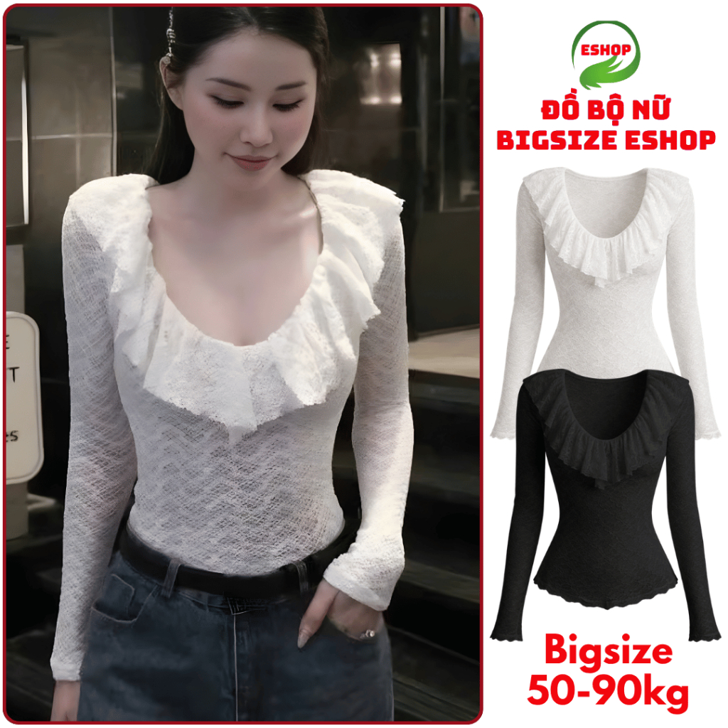 Áo Thun Nữ Bigsize Tay Dài Áo Ren Lưới 2 Lớp ESHOP Áo Phong Nữ Cổ Bèo Dài Tay Đẹp Dễ Thương Ôm Body Xinh MS353