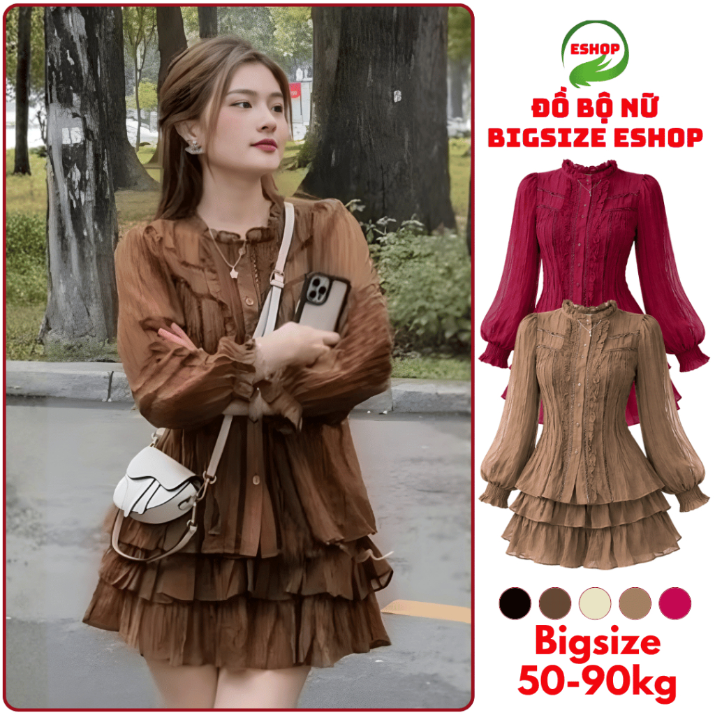 Set Áo Kiểu Babydoll Tay Dài Viền Ren Tơ Đũi Mát Mềm Bigsize 65-90kg ESHOP Đồ Mặc Nhà Sang Chảnh