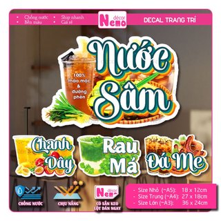 Decal Nước Sâm, Cam Ép, Rau Má, Tranh Dán Quán Nước, Cà Phê, Dán Tường, Tủ, Kính, Xe Đẩy - Sticker Chịu Được Mưa Nắng.