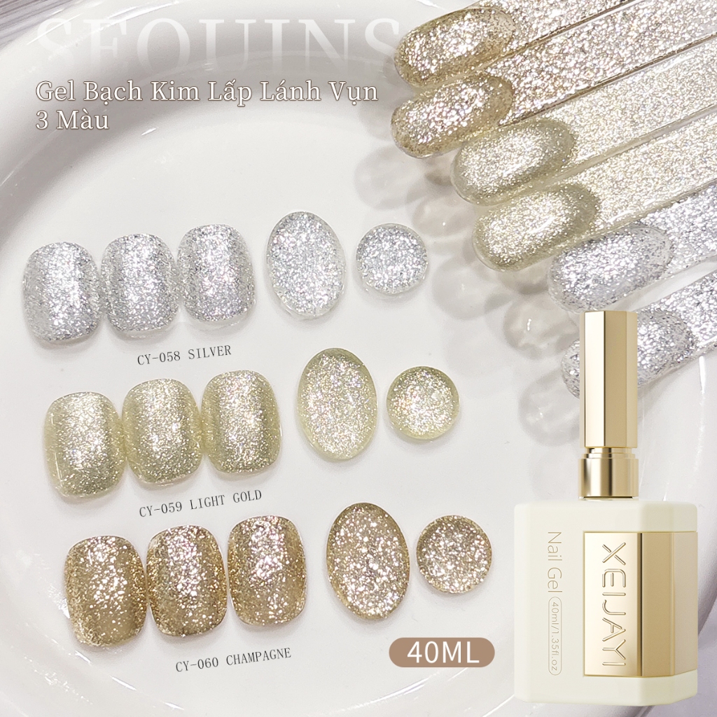 XEIJAYI 40ml - Sơn móng tay dạng gel nhũ bạc và vàng, bền màu và phù hợp cho các tiệm làm móng.