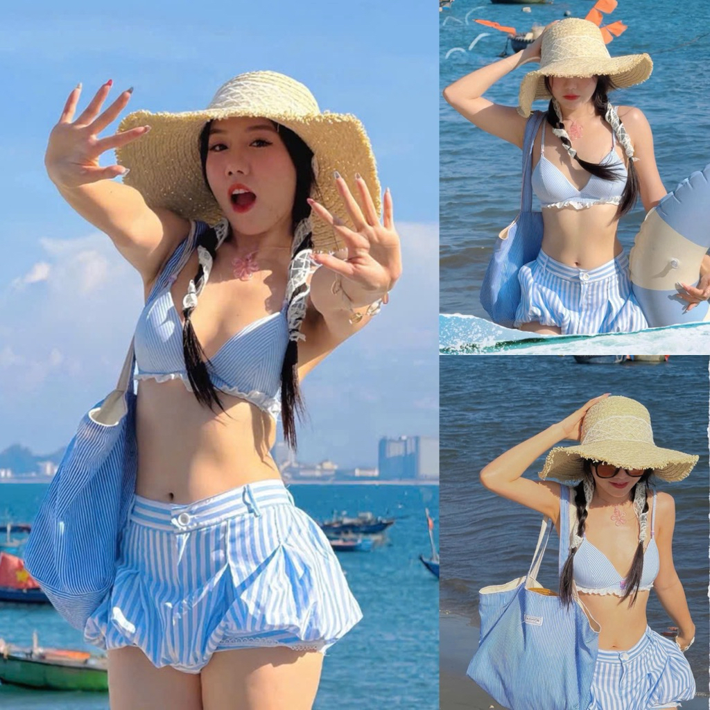 Set Bikini 2 Mảnh Kẻ Sọc Áo Tam Giác Viền Bèo + Quần Bí Xòe Nữ Tính Sexy Đi Biển Du Lịch Kieupham.shop