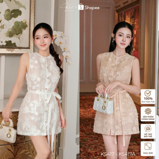 Set đầm ngắn sát nách ren hoa 3D Khiết Style phối quần lụa ngắn bên trong & dây rời, phong cách tiệc tùng KS417 KS417A