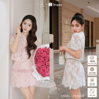 Set váy ren hoa mi hồng pastel phối nơ phong cách nữ tính ngọt ngào Khiết KS564 KS564A