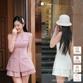 Set áo tweed Khiết Style phối chân váy xếp ly xòe tone hồng pastel ngọt ngào KS523 KS523A