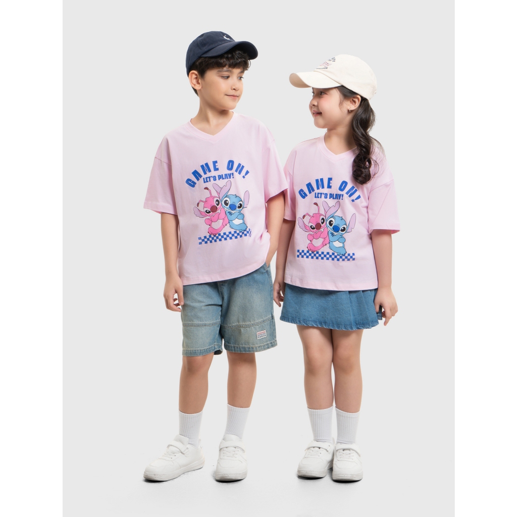Áo phông unisex trẻ em CANIFA cổ tròn cộc tay in hình Stitch 3TS26S004