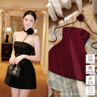 Đầm dáng ngắn cúp ng.ực form chữ A phối chocker hoa sang trọng tone đen Khiết Style KD430 KD430A