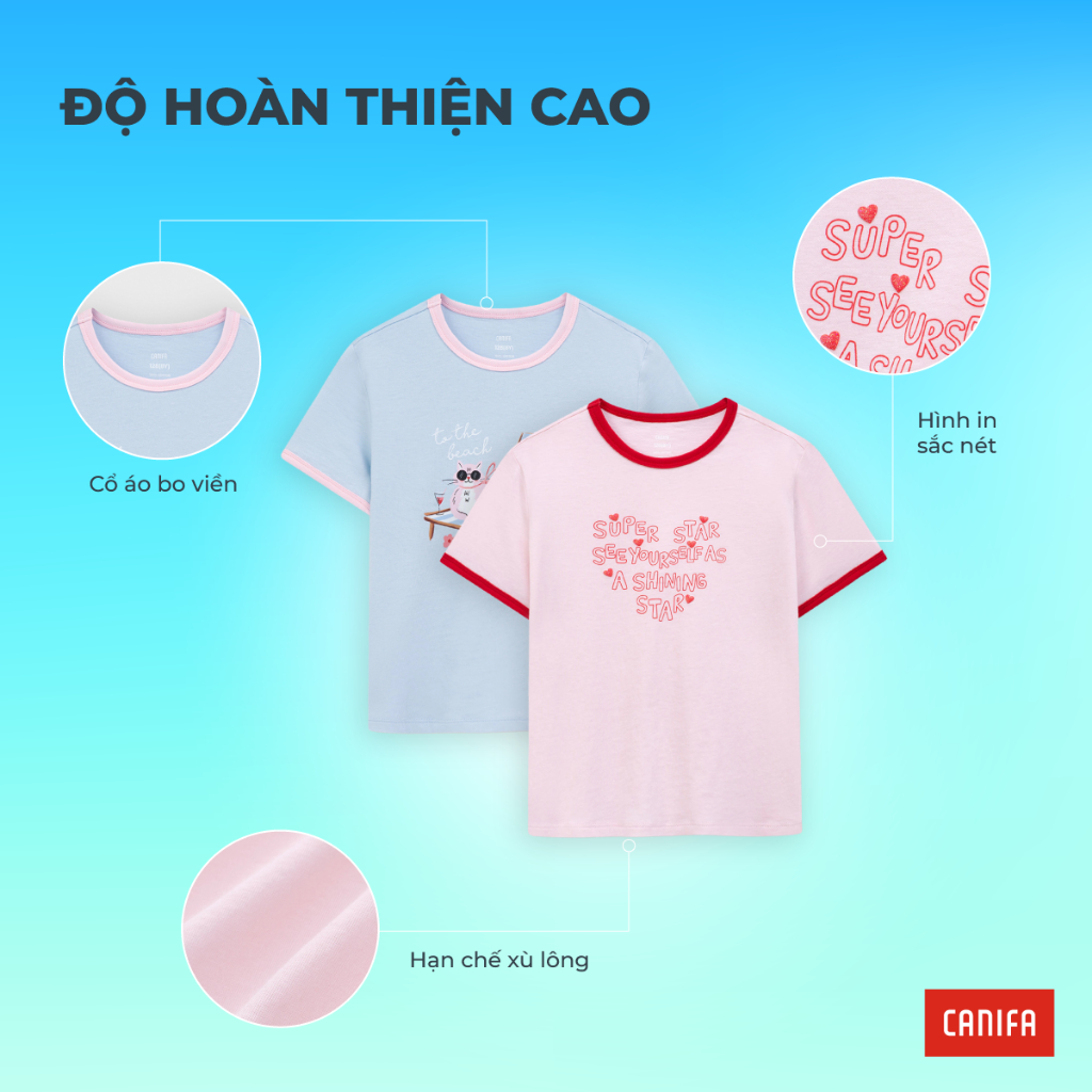 Áo phông ngắn tay bé gái CANIFA cổ tròn phối màu in họa tiết 1TS26S003