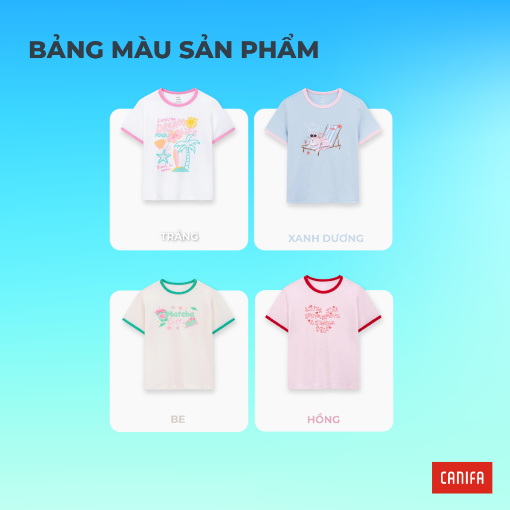 Áo phông ngắn tay bé gái CANIFA cổ tròn phối màu in họa tiết 1TS26S003