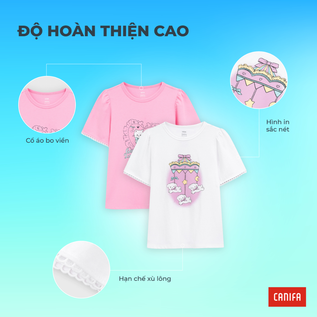 Áo phông bé gái CANIFA cổ tròn tay ngắn cách điệu in họa tiết 1TS26S004