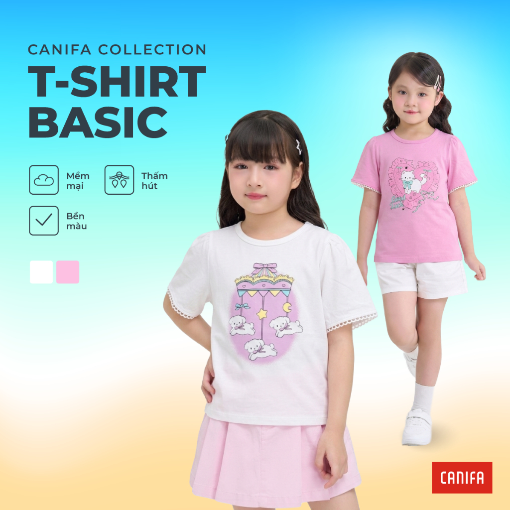Áo phông bé gái CANIFA cổ tròn tay ngắn cách điệu in họa tiết 1TS26S004