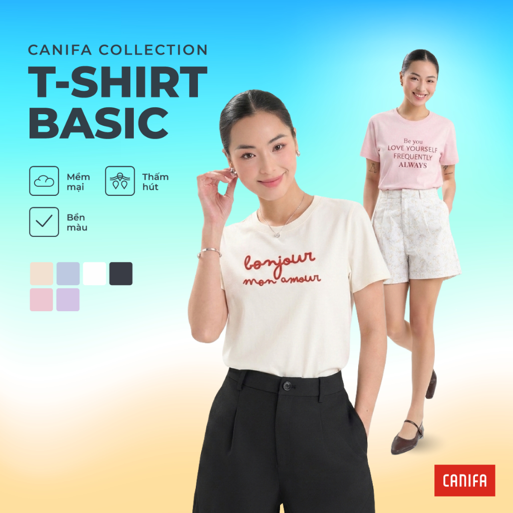 Áo phông nữ CANIFA áo phông cộc tay cổ tròn in họa tiết chất cotton mềm mại PS26 6TS26S005