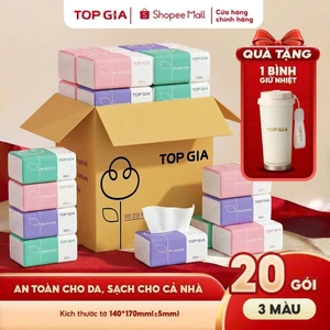 Thùng 20 gói giấy ăn rút Topgia 3 màu 4 lớp, mềm mịn tặng một bình giữ nhiệt cao cấp