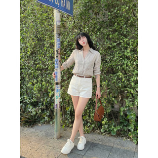 𝙈𝙄𝙉 𝙎𝙊𝙈𝙄 - Áo Sơ Mi Linen Tay Xắn Gấu