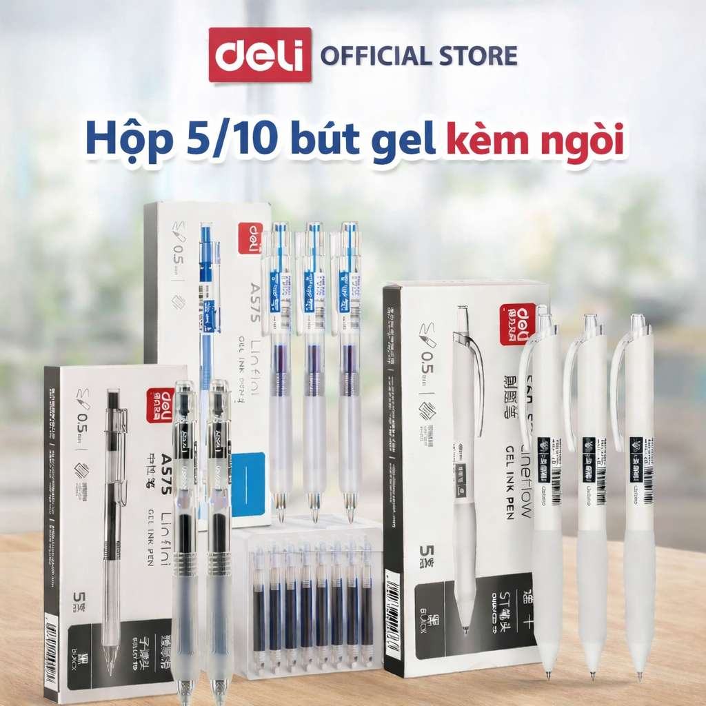[🔥15K/3 Bút] Hộp 5/10 Bút bi gel bấm văn phòng Deli mực đen ngòi 0.5mm A575 học sinh mực đều viết trơn mượt