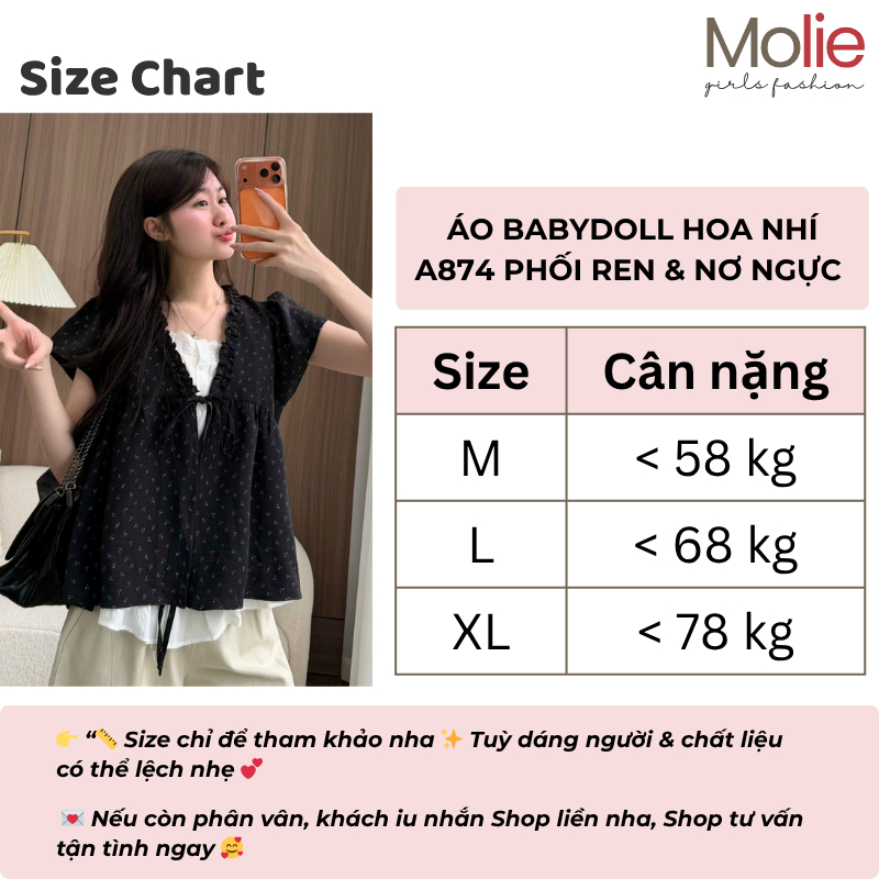 Áo Babydoll Viền Bèo Cộc Tay Hoa Nhí Nơ Ngực Phối Ren Boi Trắng A874 MoLie Fashion Thời Trang Nữ