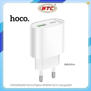 Cốc sạc nhanh 2 cổng Hoco C109A chân tròn, TypeC PD 20W và USB-A QC3.0 18W (Trắng)