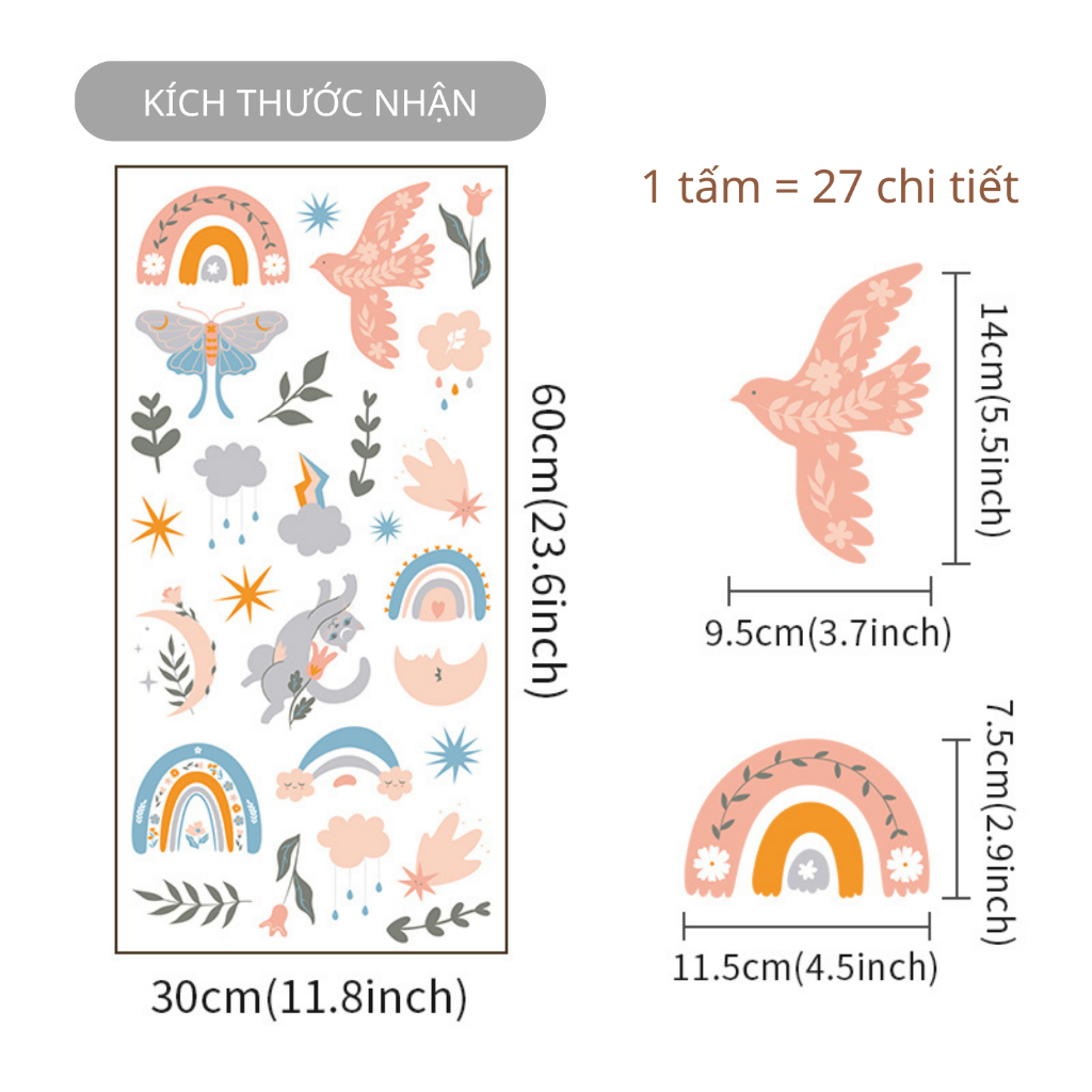 Sticker Decal Dán Tường Mẫu Boho 7 Có Keo Sẵn - Trang Trí Cửa Kính - Decor Quán Cafe - Phòng Ngủ