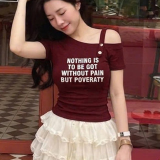 Áo Thun Ôm Dáng Lệch Vai In Chữ Cá Tính