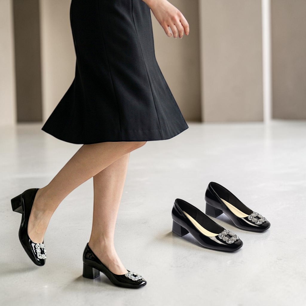 Giày Cao Gót Nữ 4cm Mũi Vuông Phối Khóa Vuông Đính Đá Pixie H442