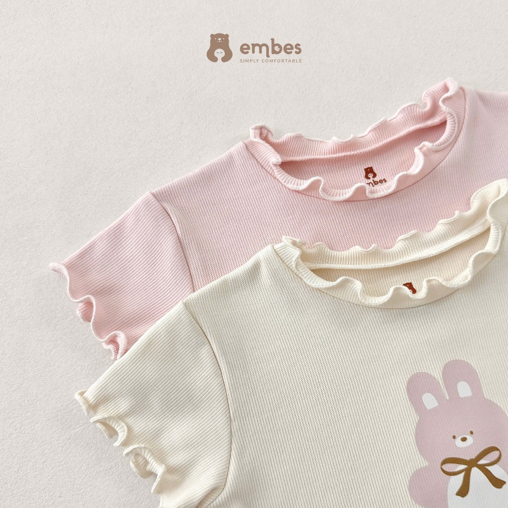 Bộ Cộc Bé Gái Embes, Bộ Cộc Tay Họa Tiết Hình In Viền Bèo Chất Mềm Mát Cho Bé Gái Size Từ 8-17Kg