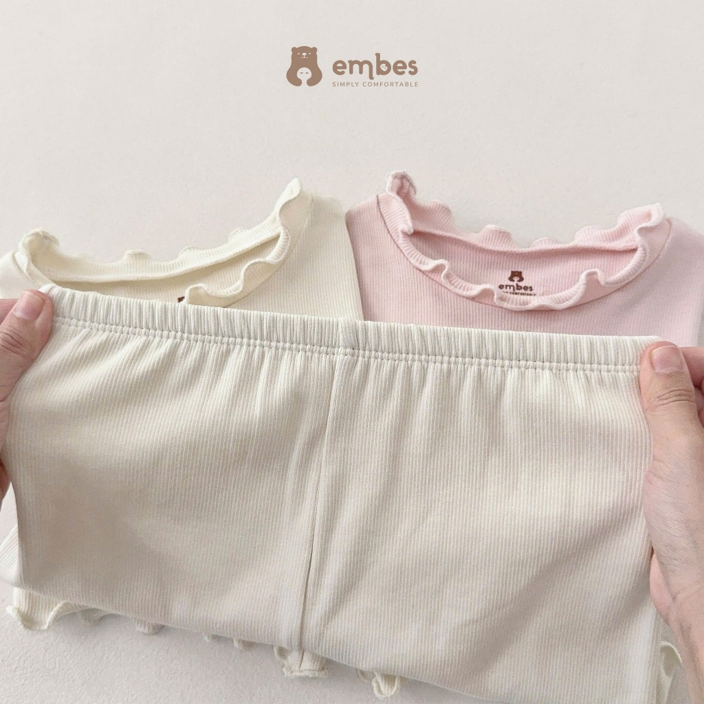Bộ Cộc Bé Gái Embes, Bộ Cộc Tay Họa Tiết Hình In Viền Bèo Chất Mềm Mát Cho Bé Gái Size Từ 8-17Kg