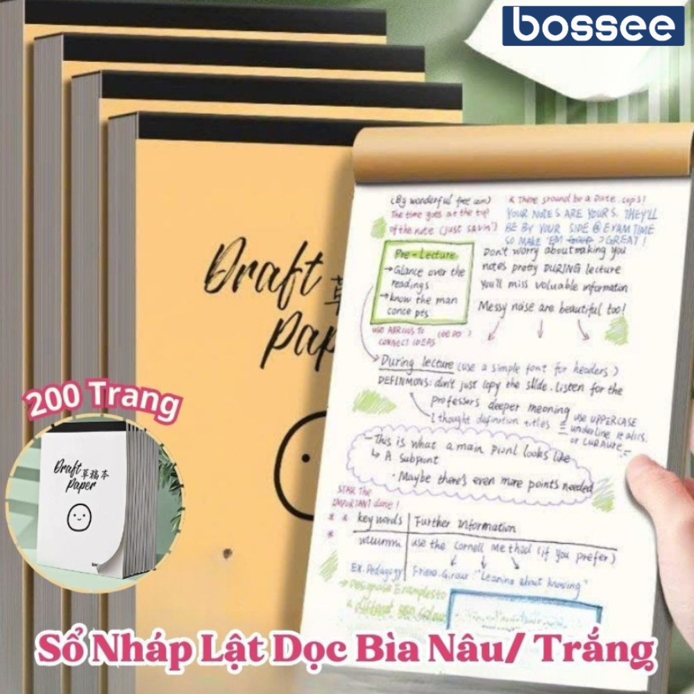 S Ghi Chú 200 Trang Bìa Kraft Bossee, Và Nháp,S Tay Lật Dc Ghi Chép,Và Vẽ Chất Liu Giấy Mềm Mịn